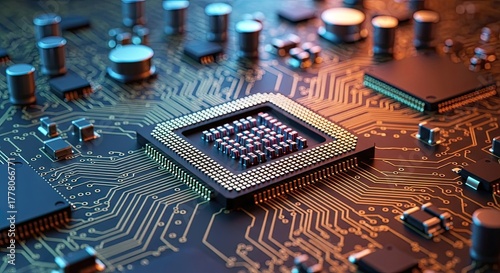 Stunning close up of a modern computer processor and intricate circuit board bathed in warm, dynamic lighting, showcasing complex technology and innovation.