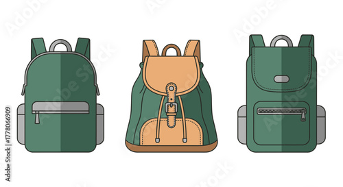Three stylized backpacks in green and beige, displayed side-by-side against a white background. Each bag features a unique design and closure style.