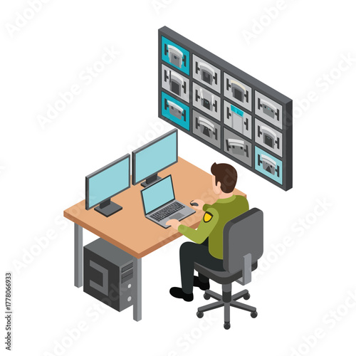 Security guard monitoring surveillance cameras on multiple screens from a desk with a laptop and two monitors.