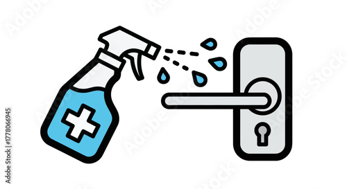 Spray bottle applying disinfectant to a door handle, illustrating cleaning and sanitizing for hygiene and protection against germs.