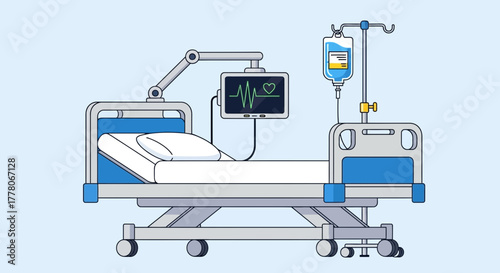 Illustration of a hospital bed with a monitor displaying a heart rate waveform and an IV drip bag hanging above.