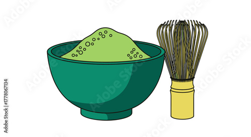 Illustration of a green bowl filled with matcha powder, next to a traditional bamboo whisk, isolated on a white background.