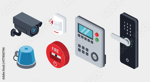 Isometric illustration showcasing various security system components including a surveillance camera, motion sensor, fire alarm, control panel, and digital door lock.