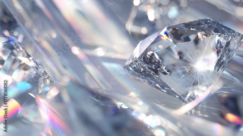 Modern crystalized illustration with white diamond sparkle, luxury jewellery, clear rock refraction, tech pattern and bright abstract light, glistering space art with beautiful concept texture