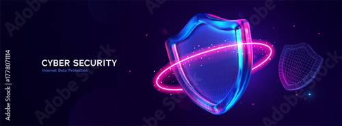 Data Protection, Cybersecurity Glowing Vector Illustration With Isolated 3d Glass Security Shield and Wire Mesh Icon, Symbolizing Internet Security, and Cyber Technology Innovation Concept 