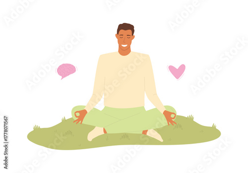 Vector illustration of a man meditating on the grass to balance mind and heart. Concept of emotional awareness, mindfulness, inner peace, and mental health.