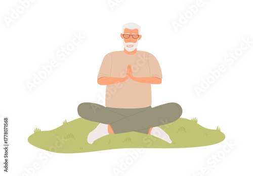 Vector illustration of an elderly man practicing yoga outdoors. He sits cross-legged on the grass with closed eyes and a smile. Concept of health, balance, mindfulness, and active aging.
