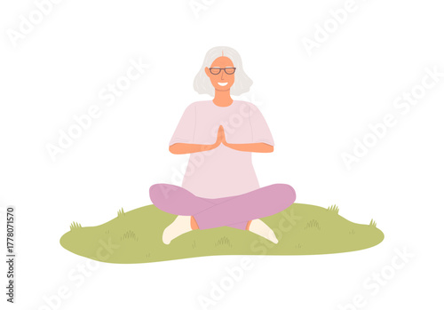 Vector illustration of an elderly woman practicing yoga outdoors. She sits cross-legged on the grass with closed eyes and a smile. Concept of health, balance, mindfulness, and active aging.
