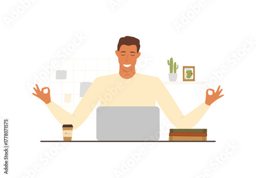Flat vector illustration of a man meditating in the workplace, sitting in front of a computer. The concept of relaxation and meditation during the working day to avoid stress and burnout.