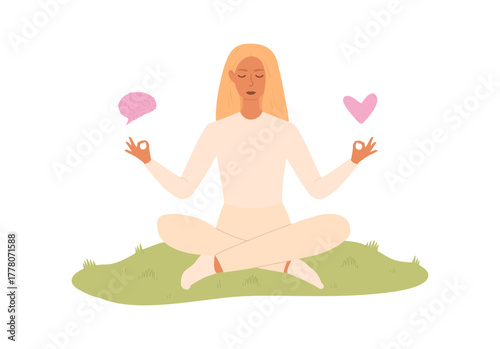 Vector illustration of a woman meditating on the grass to balance mind and heart. Concept of emotional awareness, mindfulness, inner peace, and mental health.