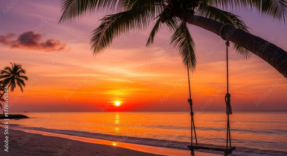 Fototapeta premium Palm tree swing overlooks a tranquil beach at vibrant sunset.