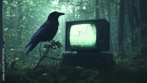 Raven and vintage television in forest