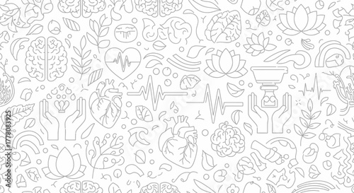 Seamless pattern of minimalist line art icons for health and wellness, featuring hearts, brains, lotus flowers, and EKG lines on a white background.