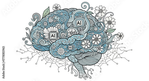 Intricate illustration of a human brain adorned with floral patterns and AI symbols, symbolizing the intersection of nature and artificial intelligence.