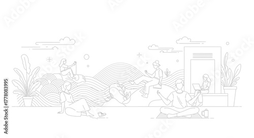 Line art illustration of people relaxing and engaging in various activities in a serene outdoor setting.