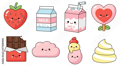 Collection of cute cartoon illustrations featuring a strawberry, milk cartons, a lollipop, and other sweets.