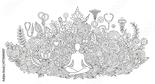 Detailed line art illustration of a meditating figure surrounded by medical symbols and plants.