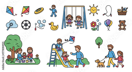 A collection of colorful cartoon illustrations depicting various outdoor activities and elements associated with childhood and leisure.