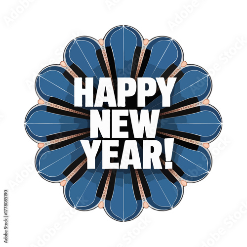 Festive blue flower shaped decoration with white text saying happy new year isolated on white background