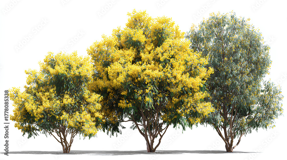 Obraz premium Set of Acacia podalyriifolia (pearl acacia, pearl wattle and silver wattle) blossoming frontal street spring trees medium and small isolated on a white background perfectly