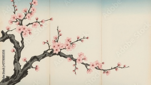 Soft pink cherry blossoms in full bloom across three panels, rendered in traditional ukiyo-e woodblock print style, with pale sky gradients and delicate branch silhouettes, calm and poetic composition