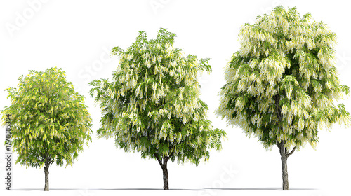 Fototapeta Naklejka Na Ścianę i Meble -  Set of Acacia podalyriifolia (pearl acacia, pearl wattle and silver wattle) blossoming frontal street spring trees medium and small isolated on a white background perfectly