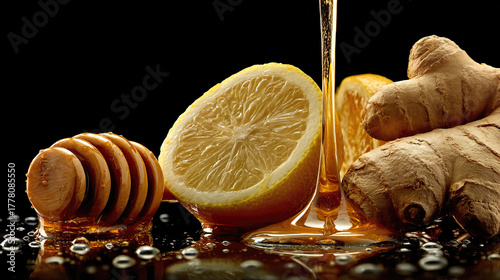 Fototapeta Naklejka Na Ścianę i Meble -  Pouring dripping honey lemon ginger root black background healthy immunity vitamins