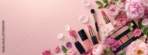 Beauty products makeup brushes cosmetic flowers peonies copy space top view feminine copy space