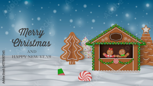 christmas card with gingerbread market stall and gingerbread christmas tree on winter landscape