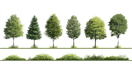 set of forest line cad, minimal isolated on white background. Ground cover. Illustration for elevation architectural element, side view, grass section. Turf coating banners for edging. Stock Vector