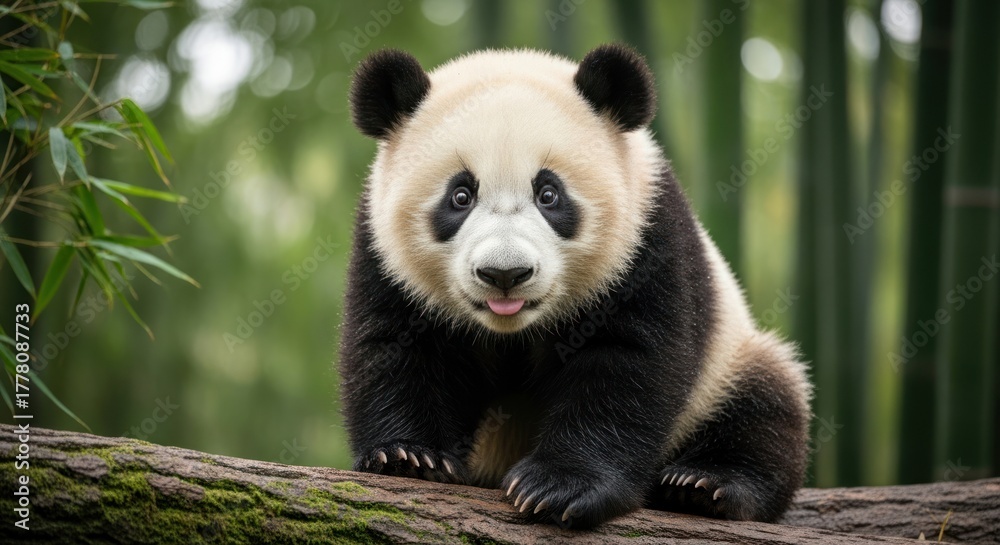Fototapeta premium Adorable young panda sits on a mossy log with bamboo in the background.