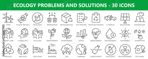 Ecology problems and solutions. Environment care and green initiatives. Vector editable line icons.