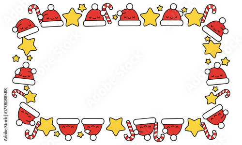 Cute Christmas doodle border with Santa hats and stars vector illustration