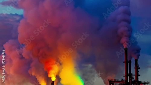 Polluting factory, vibrant colors, emitting smoke, against a blue sky