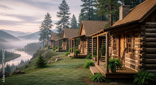Row of rustic log cabins on a misty riverside mountain, offering a peaceful, natural escape. Ideal for tranquil retreats and vacation rentals.
