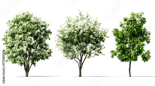 Fototapeta Naklejka Na Ścianę i Meble -  Set of summer and spring Amelanchier canadensis (commonly known as shadblow serviceberry, chuckle-berry, currant-tree) frontal isolated on a white background perfectly cutout Stock Illustration