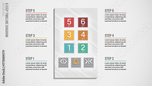 Professional 6-step timeline infographic using an elevator control panel design. Ideal for business presentations, timelines, process flows, or technology concepts. 