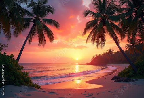 Picturesque Tropical Beach with Vibrant Sunset and Lush Palm Trees Framing the Horizon
