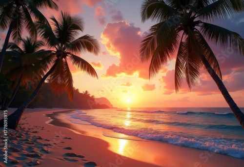 Tropical Beach Colorful Sunset Palm Trees Serene Paradise Cove Tranquil Ocean Waves