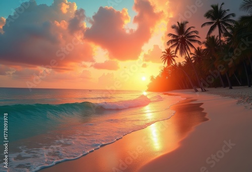 Tropical Beach Paradise Colorful Sunset Scenic Hideaway with Silhouetted Palm Trees Mystical Atmosphere