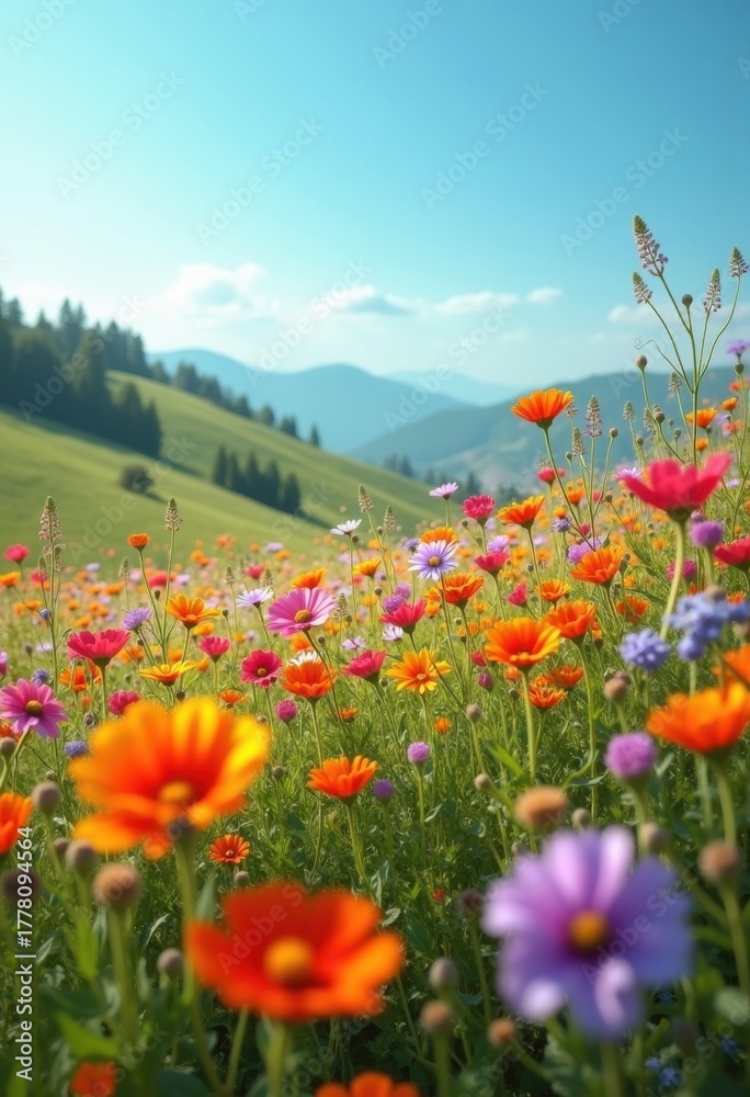 Fototapeta premium Vibrant Wildflower Field with Colorful Blooms Under a Clear Sky in a Rolling Meadow