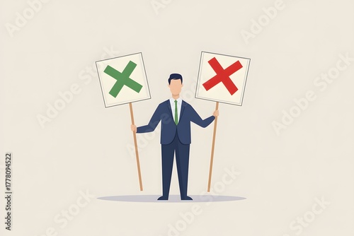 Man holding two “X” signs, concept of rejection or disapproval.