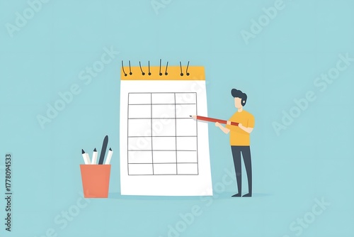 Illustration of a person marking a big desk calendar on pastel blue background.