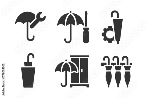 Umbrella icons: tools, gear, storage solutions, and maintenance symbols.