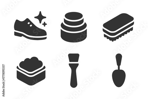 Shoe care icons: polish, brush, sponge, wax, cream, shine.