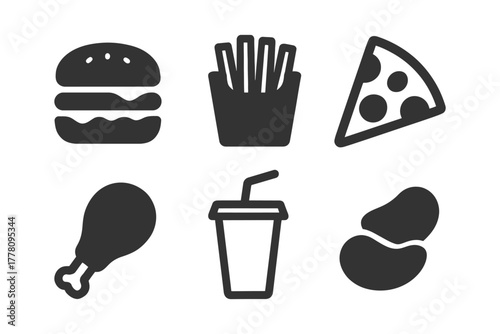 Set of fast food icons: burger, fries, pizza, chicken, drink, beans.