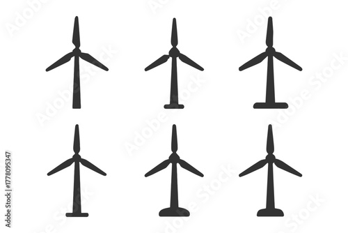 Set of six minimalist wind turbine silhouettes on white background.