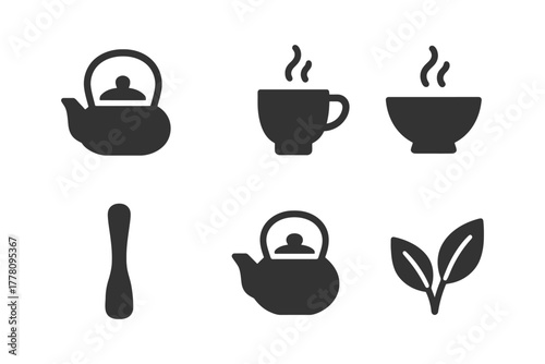 Silhouette icons of teapot, mug, bowl, spoon, and leaves on white background.