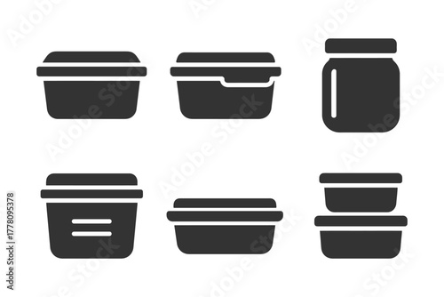 Set of black food storage container icons with jar in minimalist style.