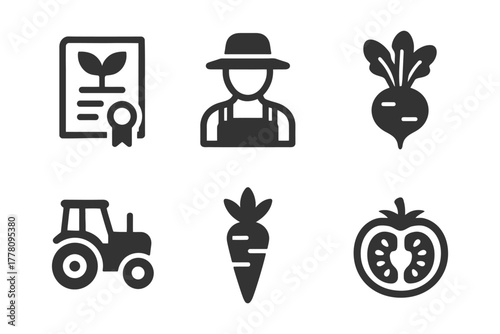 Agriculture icons: farmer, vegetables, tractor, certificate in minimalist design.